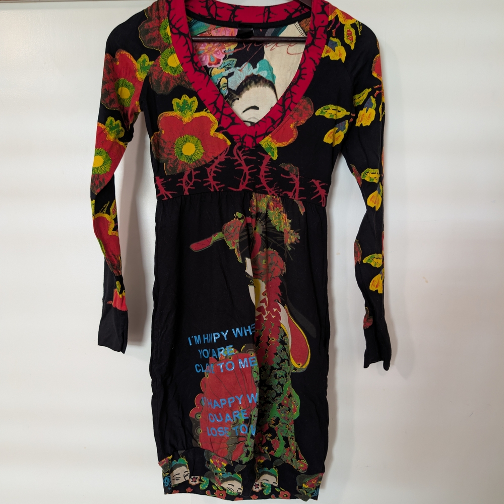 Desigual Black Long-Sleeve Floral V-Neck Dress with Red and Yellow Accents